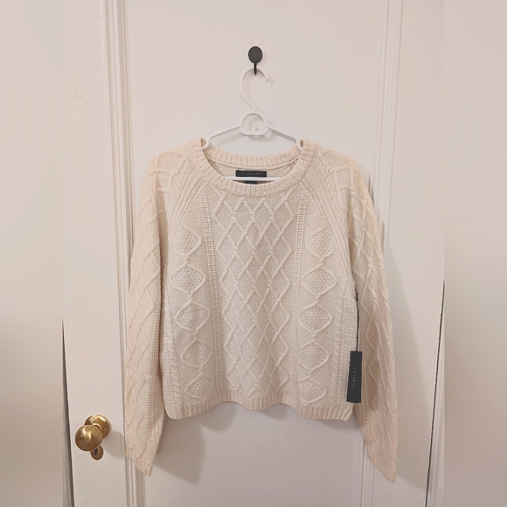 100% 2-ply Cashmere Tahari Cable Knit Cream Sweater S